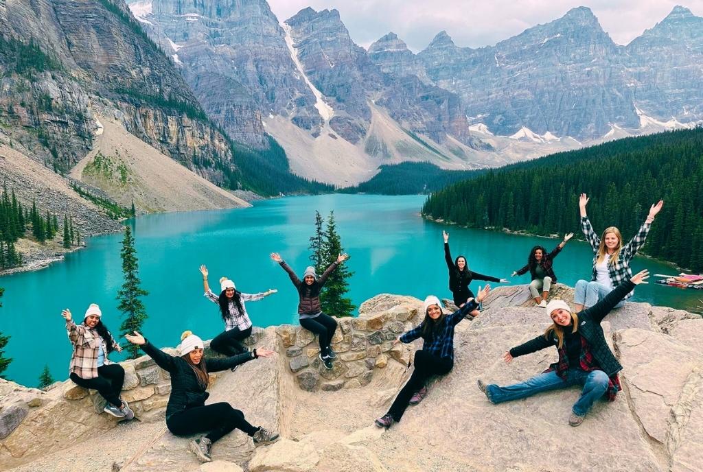 Moraine Lake shuttle-bachelorette trip-ladies having fun at the Rock Pile